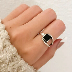 925 Sterling Silver Minimalist Black Square Ring Geometric Ring Dainty Ring